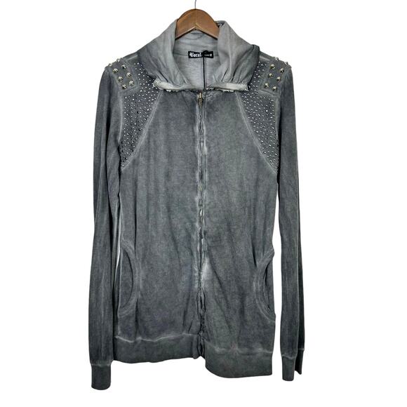 Vocal NWT Distressed Gray Studded Embellished Zip Up Long Duster Jacket - Picture 1 of 7